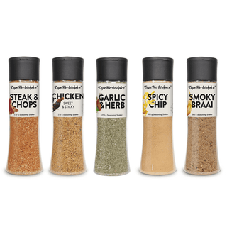 Penkių CAPE HERB & SPICE BBQ prieskonių rinkinys mėsai, BBQ ir kepimui – nuo klasikinių kepsnių iki rūkytų ir saldžiai lipnių skonių.