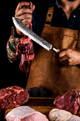 Rankų darbo japoniško stiliaus peilis STYLE DE VIE, OLIVE FORGED kolekcija, mėsininko / butcher