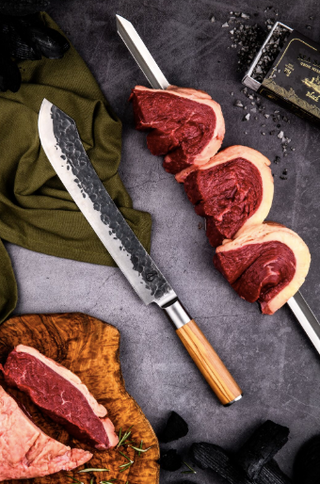 Rankų darbo japoniško stiliaus peilis STYLE DE VIE, OLIVE FORGED kolekcija, mėsininko / butcher