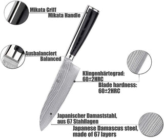 OLEIO Pjaustymas ir smulkinimas Japoniško Damasko plieno peilis OLEIO, Wakoli Migan, Santoku, 17 cm